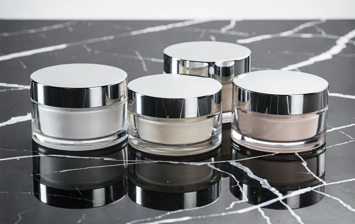 Minimalist skincare containers on reflective surface